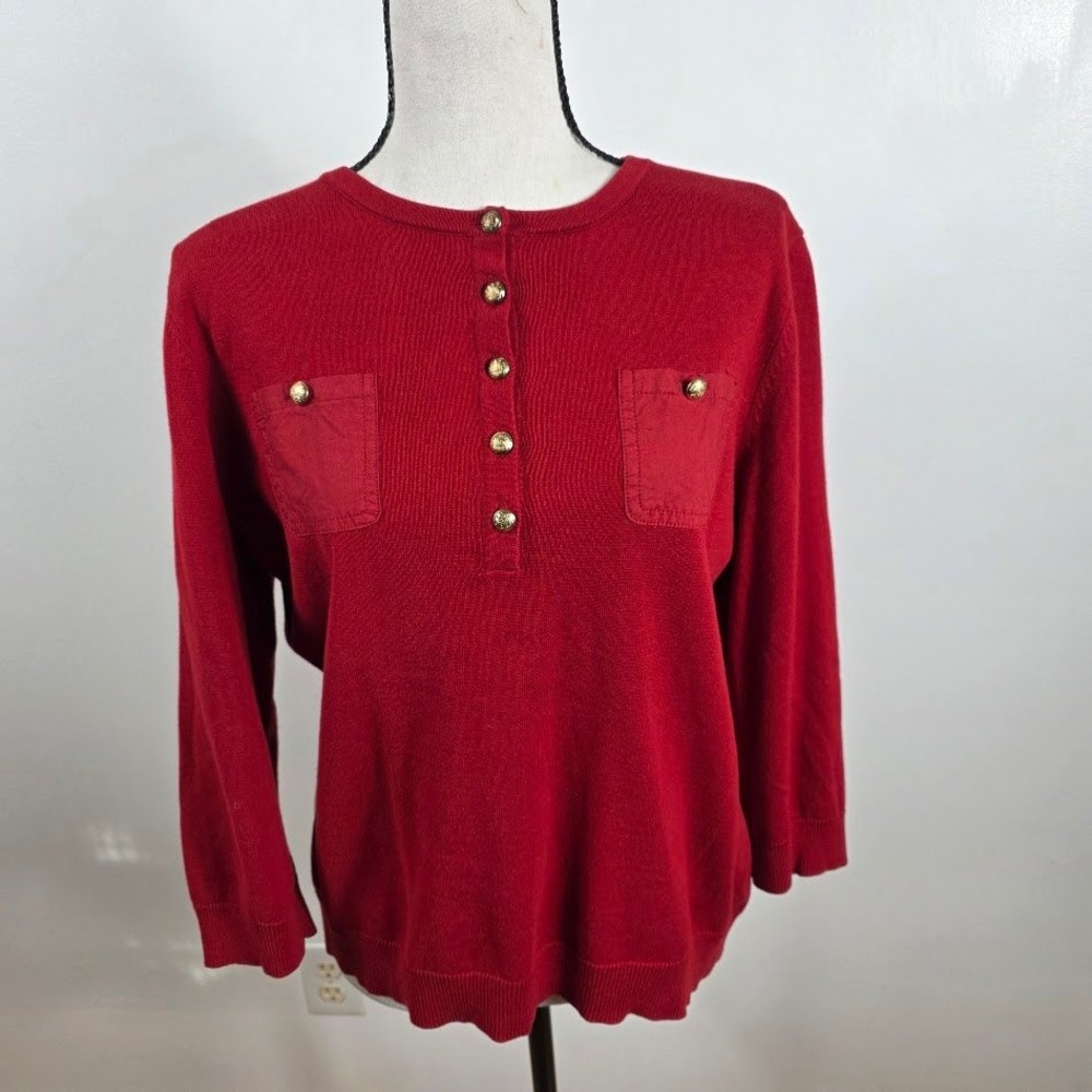 Lauren Ralph Lauren Henley Sweater XL Women Good Crest Button‎ Pockets Red